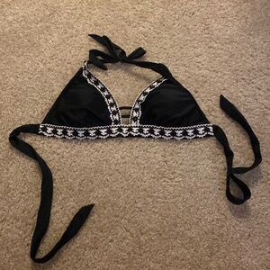 Black halter bikini top with crochet lace detail